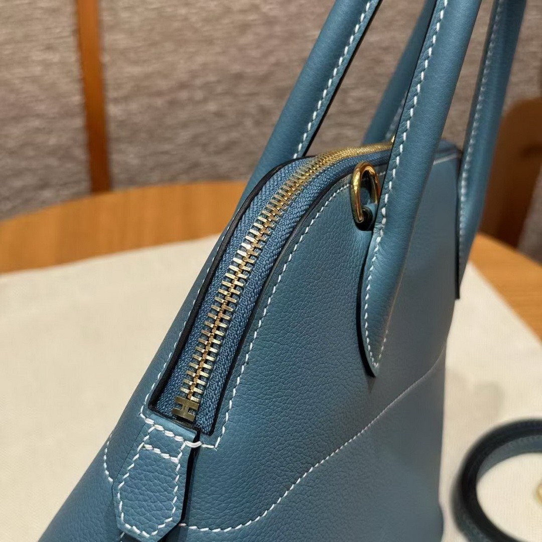 Hermes Bolide 1923 25 Bag Handmade In Togo Calfskin Leather Gold Hardware 75 Blue Jean - Image 8