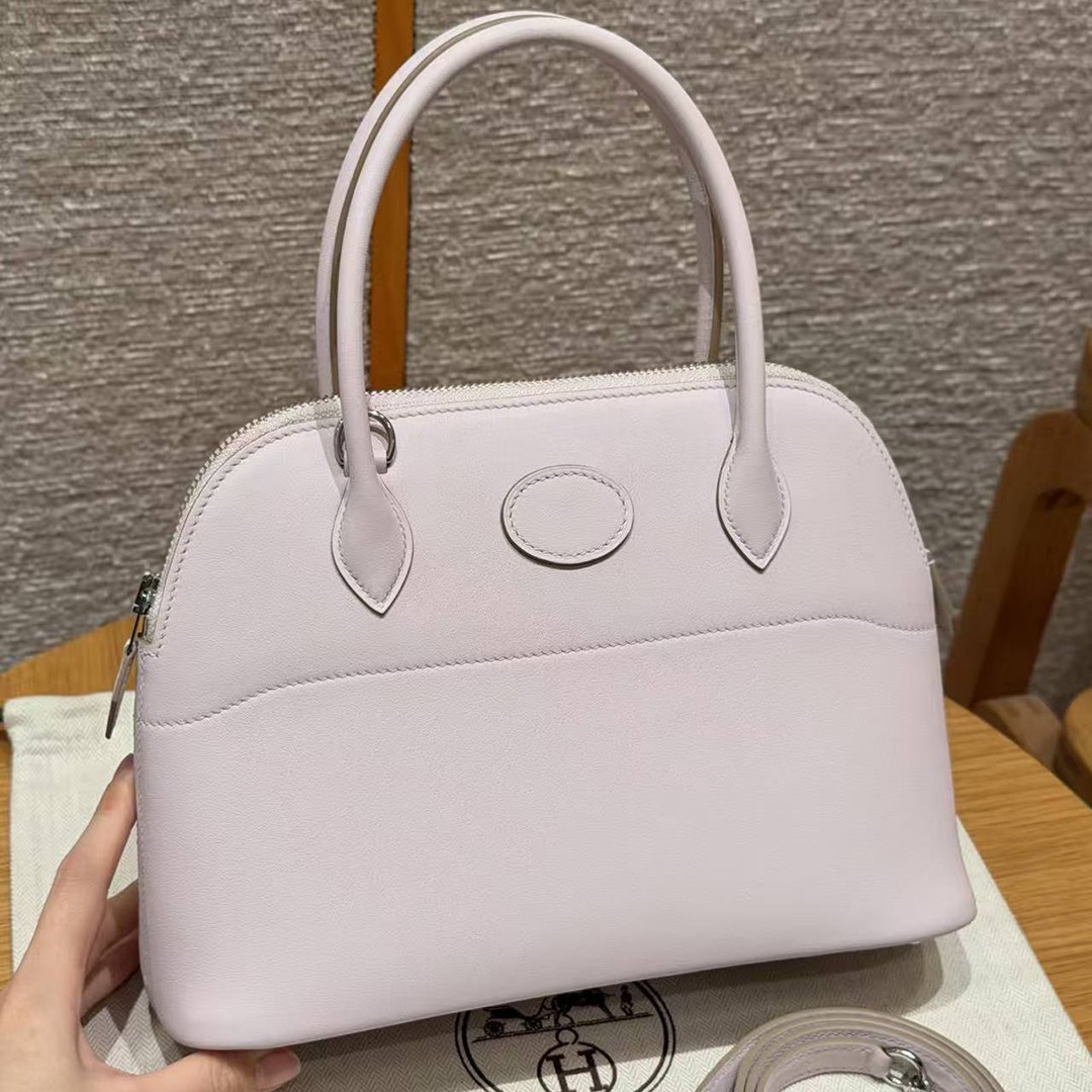 Hermes Bolide 27 Bag Handmade In Swift Calfskin Leather Silver Hardware 09 Mauve Pale