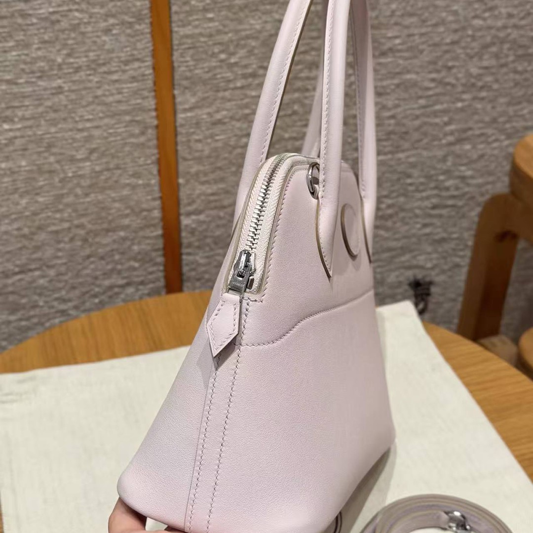 Hermes Bolide 27 Bag Handmade In Swift Calfskin Leather Silver Hardware 09 Mauve Pale - Image 16