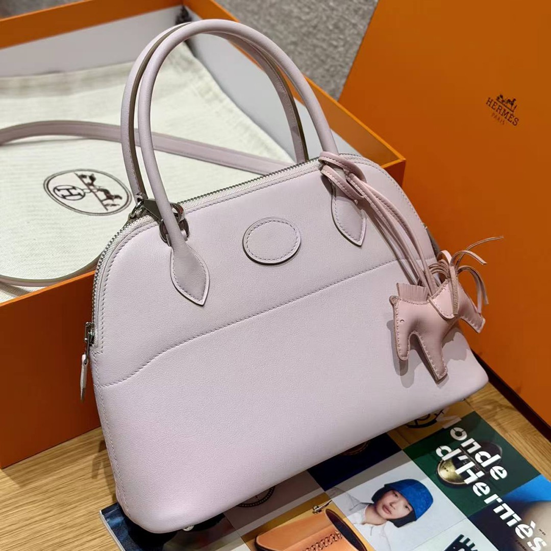 Hermes Bolide 27 Bag Handmade In Swift Calfskin Leather Silver Hardware 09 Mauve Pale - Image 7
