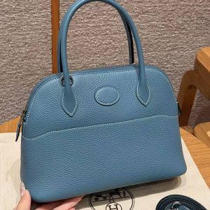 Hermes Bolide 27 Bag Handmade In Taurillon Clemence Calfskin Leather Silver Hardware 75 Bule Jean