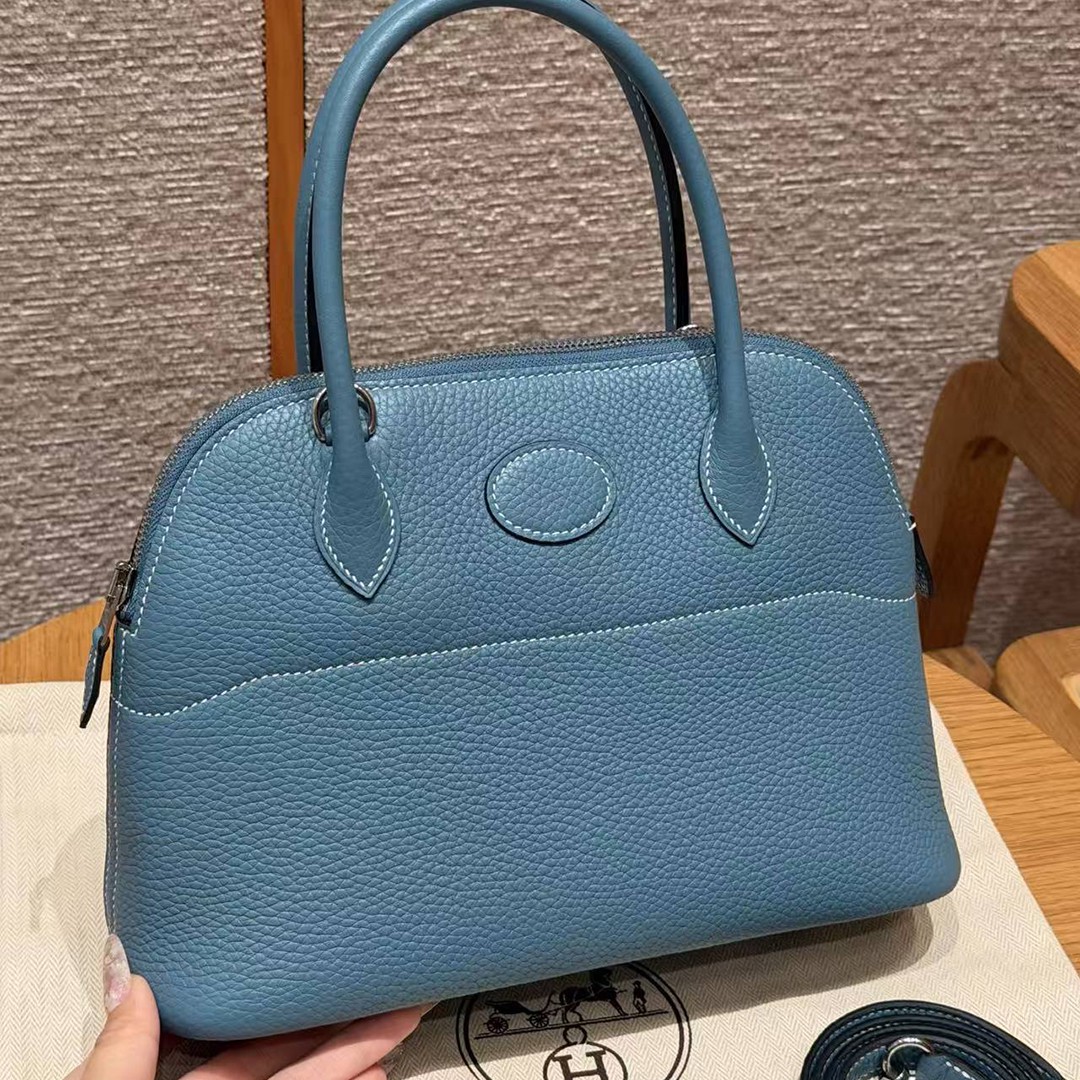 Hermes Bolide 27 Bag Handmade In Taurillon Clemence Calfskin Leather Silver Hardware 75 Bule Jean