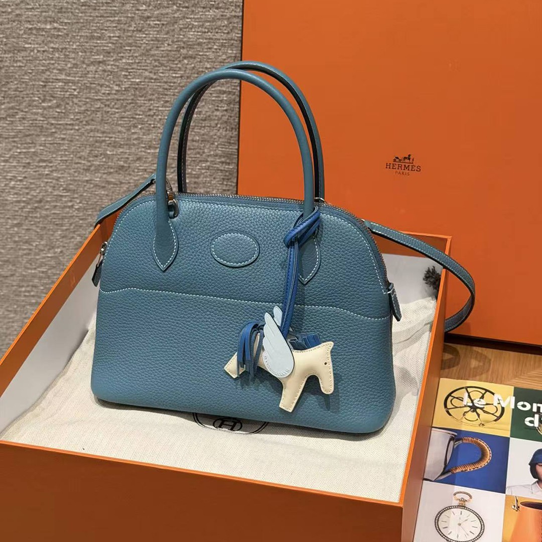 Hermes Bolide 27 Bag Handmade In Taurillon Clemence Calfskin Leather Silver Hardware 75 Bule Jean - Image 11
