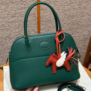 Hermes Bolide 27 Bag Handmade In Taurillon Clemence Calfskin Leather Silver Hardware z6 Malachite