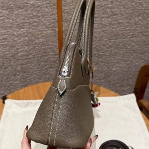 Hermes Bolide 27 Bag Handmade In Togo Calfskin Leather Silver Hardware 18 Etoupe - Image 16