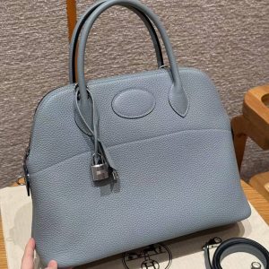 Hermes Bolide 31 Bag Handmade In Taurillo Clemence Calfskin Leather Silver Hardware J7 Blue Lin