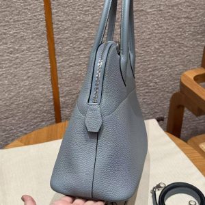 Hermes Bolide 31 Bag Handmade In Taurillo Clemence Calfskin Leather Silver Hardware J7 Blue Lin - Image 15