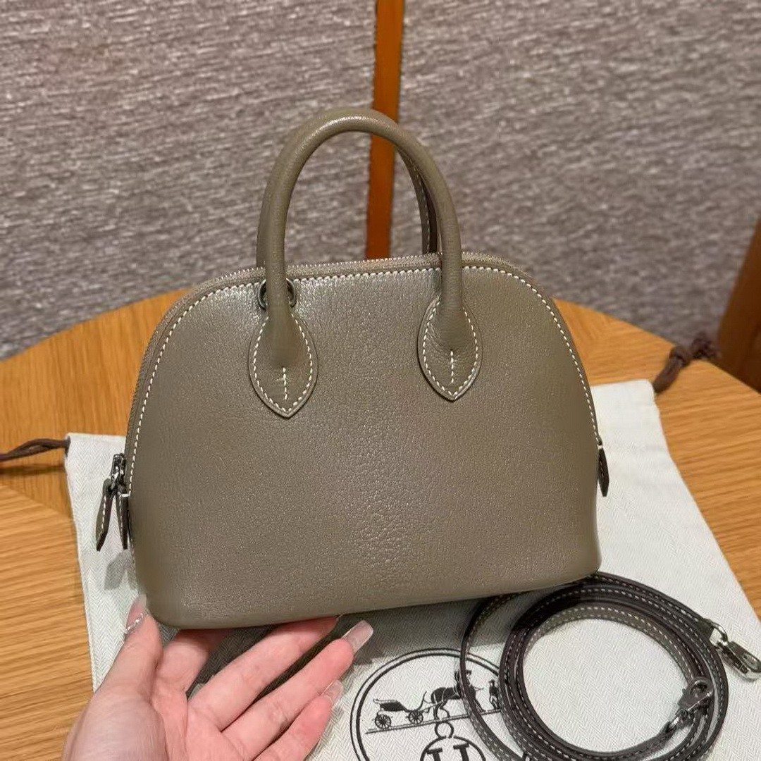 Hermes Bolide Mini 18 Bag Handmade In Chèvre Goatskin Leather Silver Hardware 18 Etoupe - Image 2