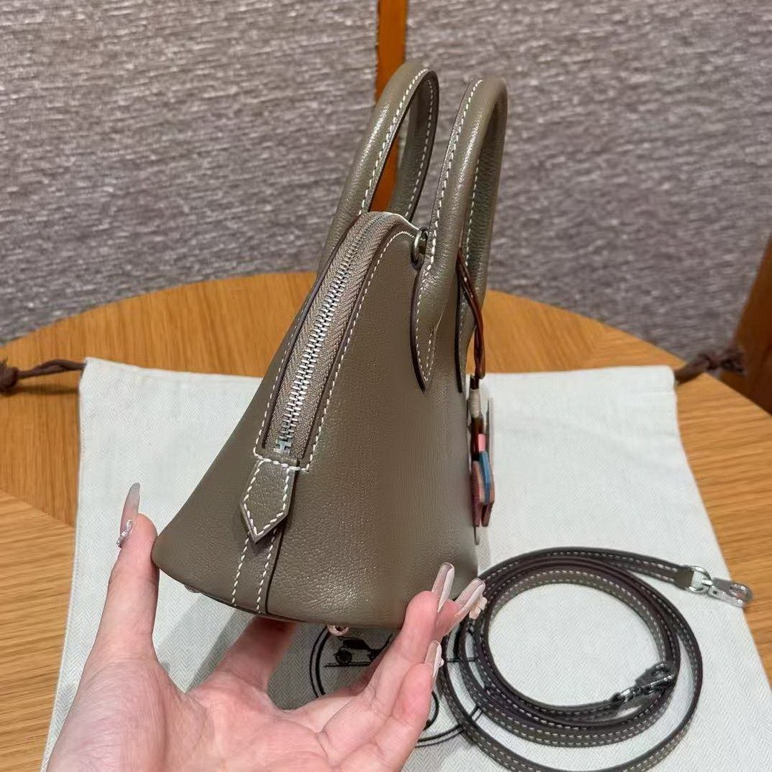 Hermes Bolide Mini 18 Bag Handmade In Chèvre Goatskin Leather Silver Hardware 18 Etoupe - Image 11