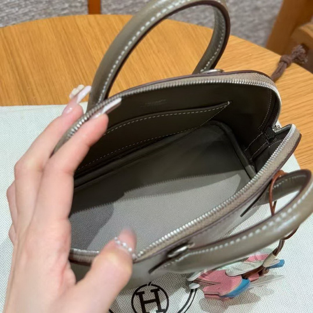 Hermes Bolide Mini 18 Bag Handmade In Chèvre Goatskin Leather Silver Hardware 18 Etoupe - Image 9