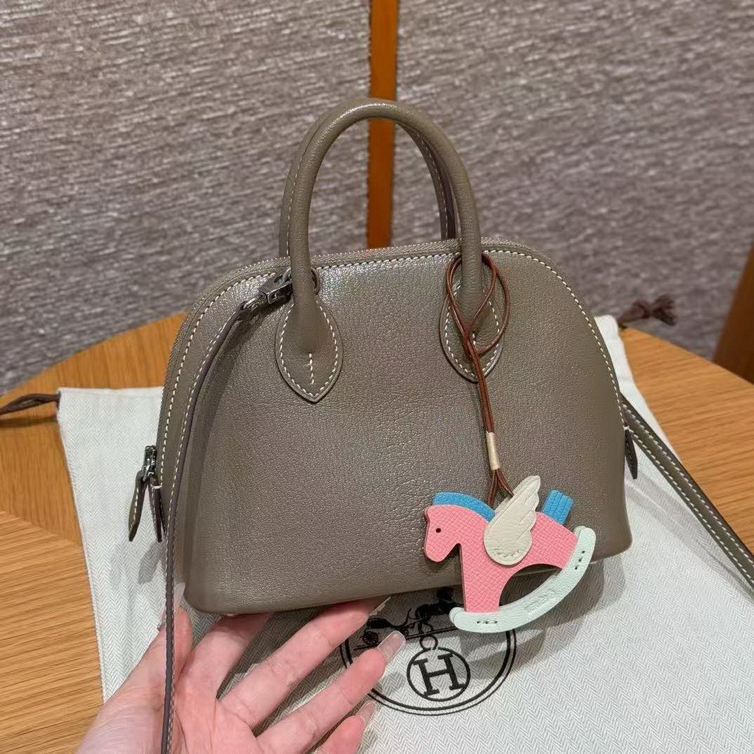 Hermes Bolide Mini 18 Bag Handmade In Chèvre Goatskin Leather Silver Hardware 18 Etoupe - Image 13