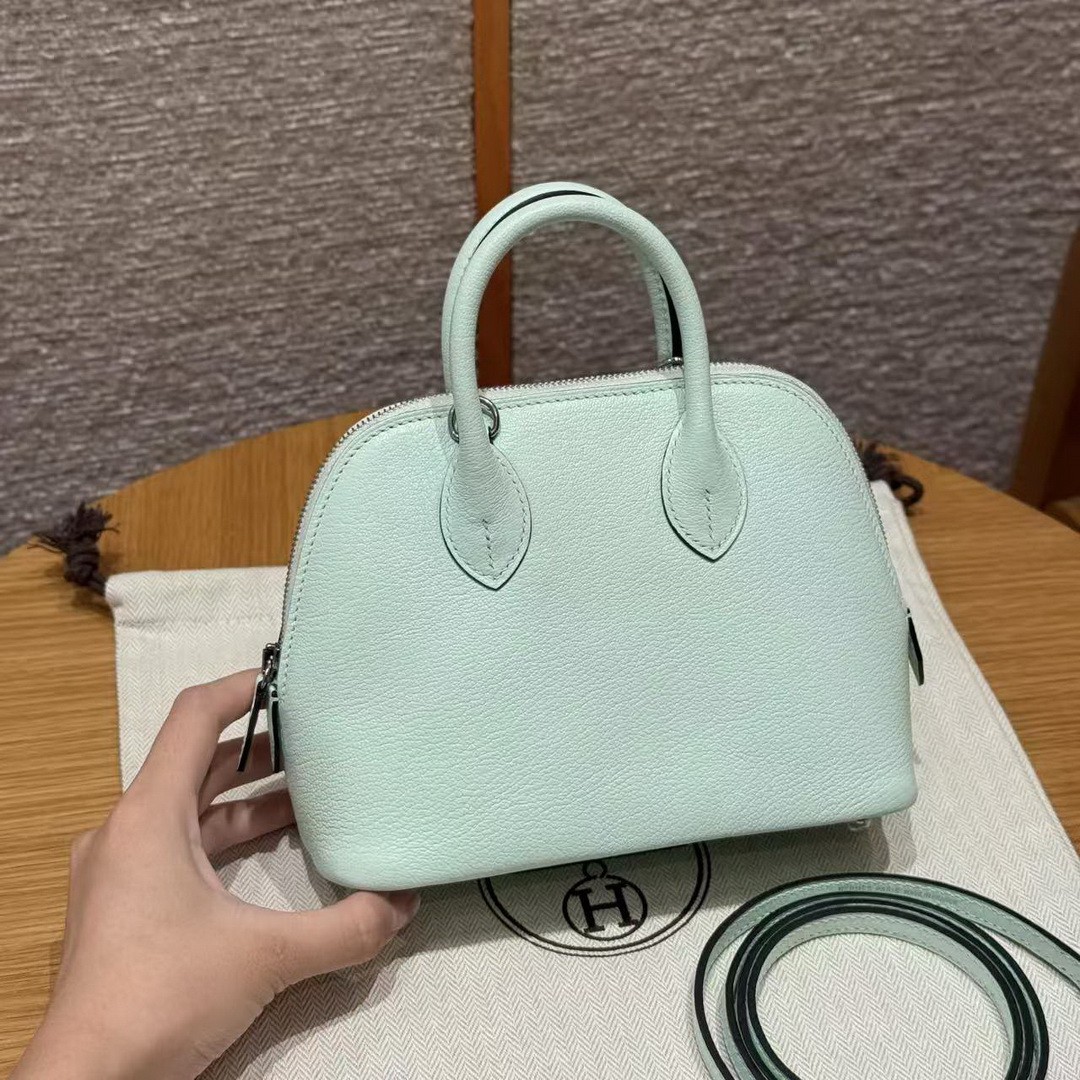 Hermes Bolide Mini 18 Bag Handmade In Chèvre Goatskin Leather Silver Hardware 6w Menthe