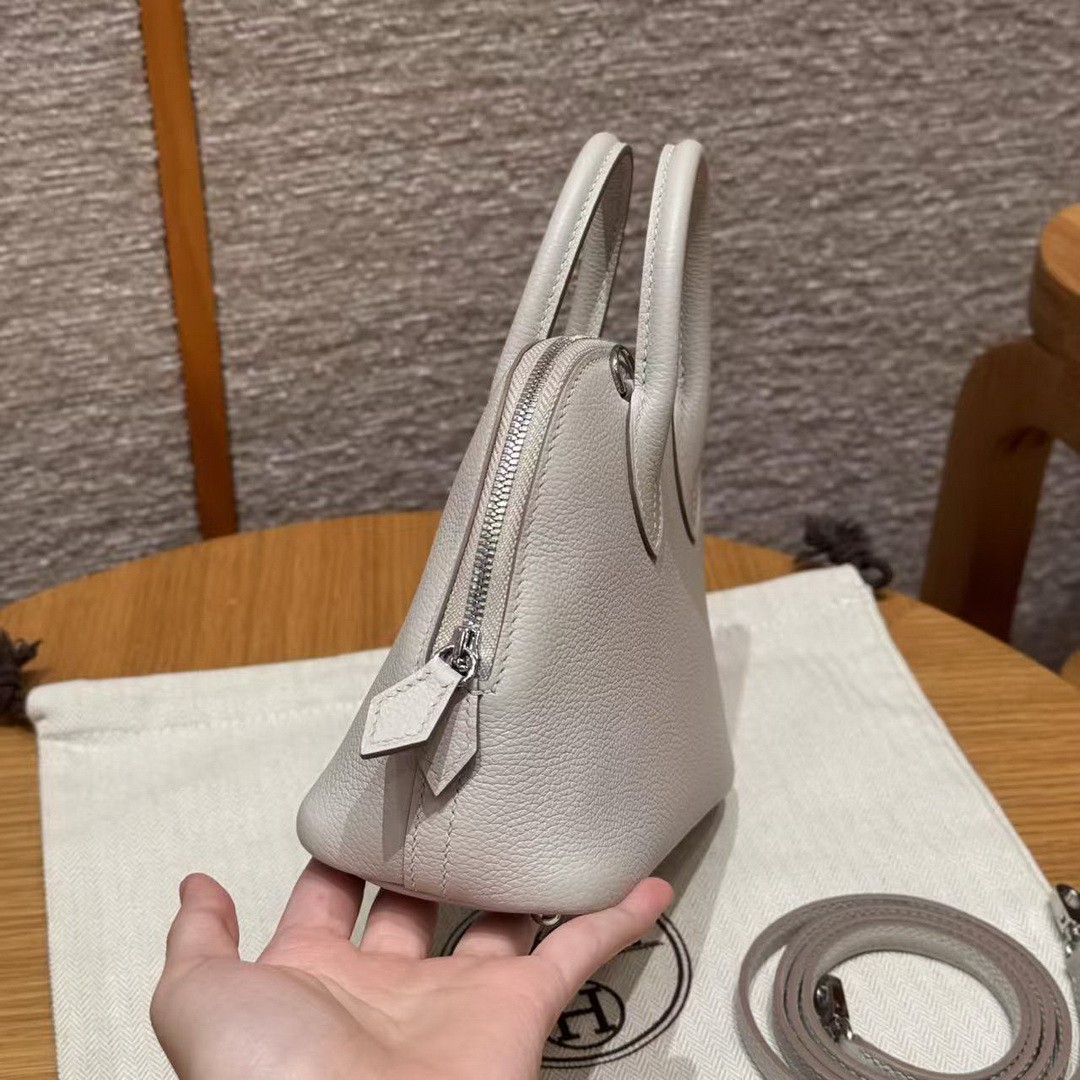 Hermes Bolide Mini 18 Bag Handmade In Chèvre Goatskin Leather Silver Hardware 80 Girs Perle - Image 17