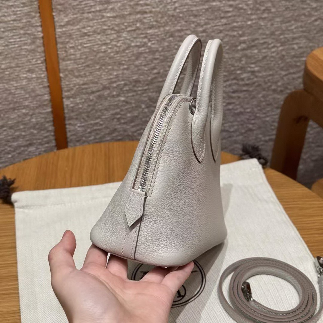 Hermes Bolide Mini 18 Bag Handmade In Chèvre Goatskin Leather Silver Hardware 80 Girs Perle - Image 16