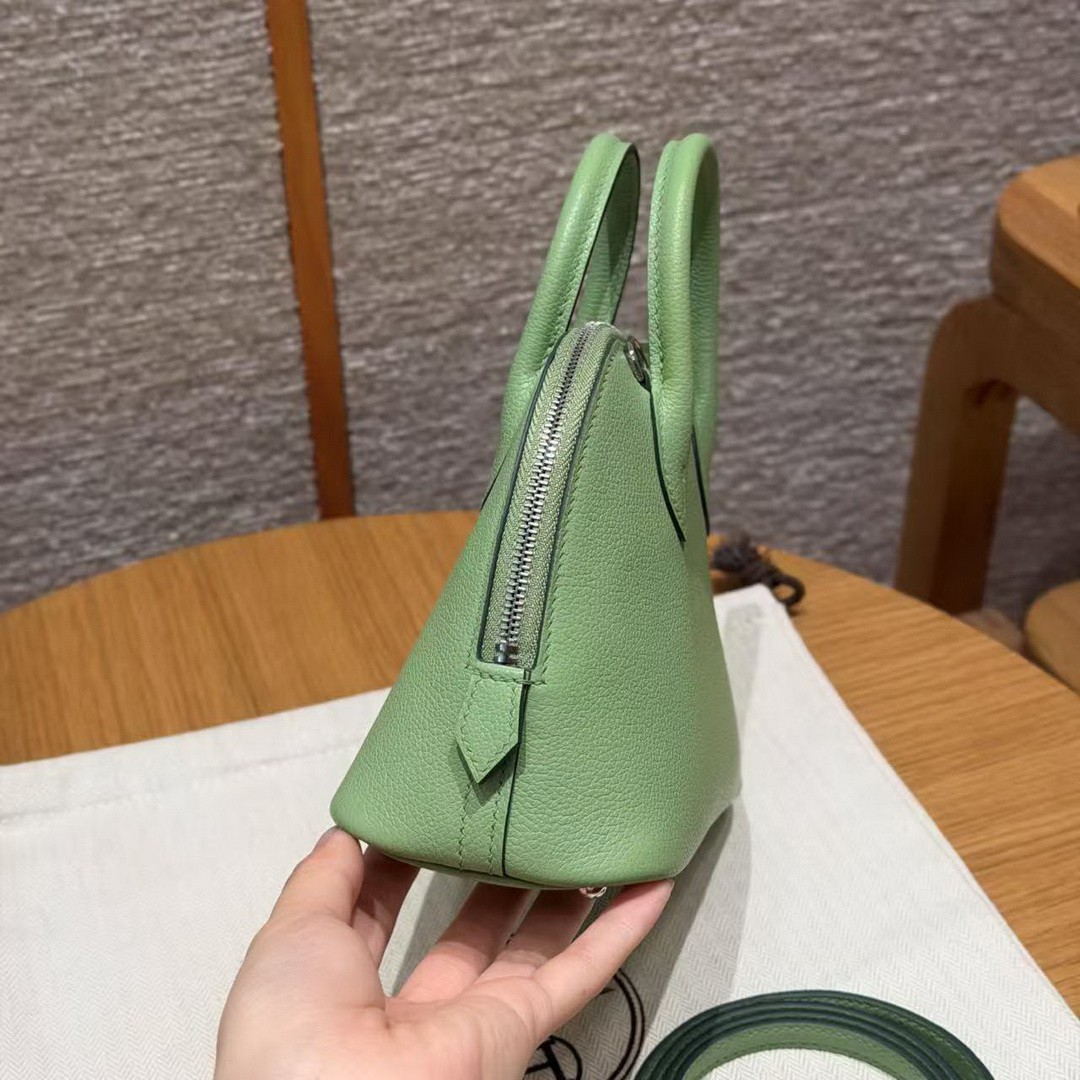 Hermes Bolide Mini 18 Bag Handmade In Evecolor Calfskin Leather Silver Hardware 3I Vert Criquent - Image 14