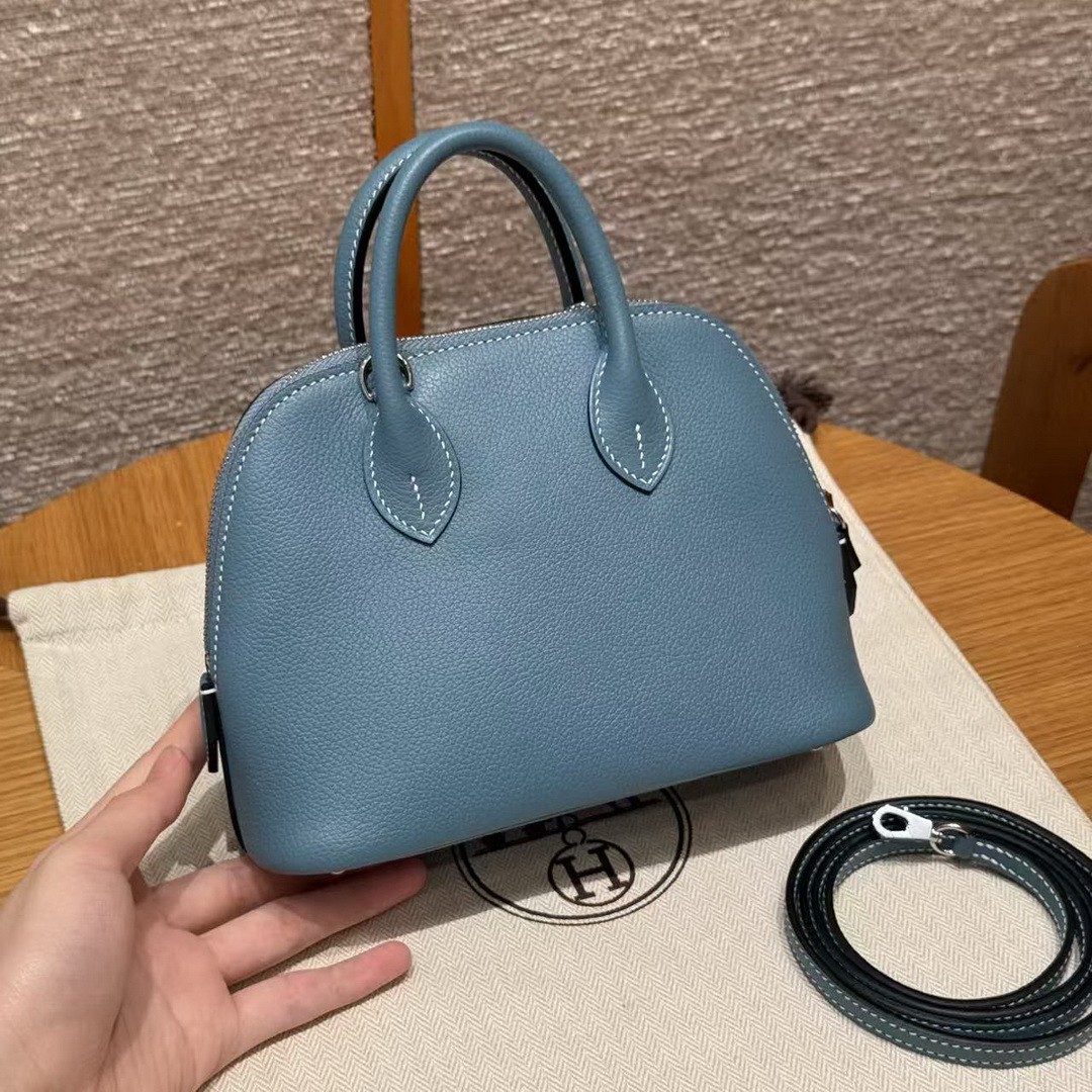 Hermes Bolide Mini 18 Bag Handmade In Evecolor Calfskin Leather Silver Hardware 75 Blue Jean