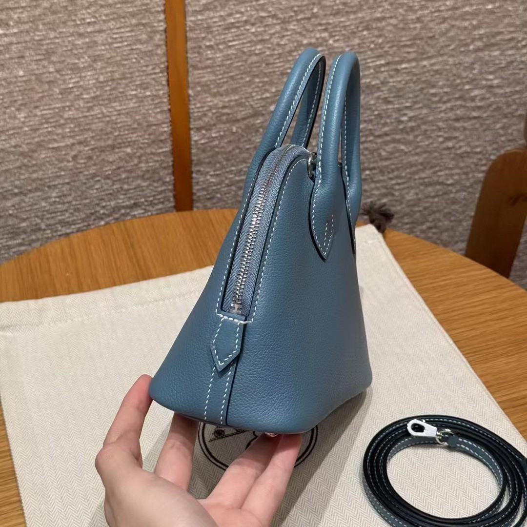Hermes Bolide Mini 18 Bag Handmade In Evecolor Calfskin Leather Silver Hardware 75 Blue Jean - Image 16