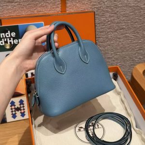 Hermes Bolide Mini 18 Bag Handmade In Evecolor Calfskin Leather Silver Hardware 75 Blue Jean - Image 11