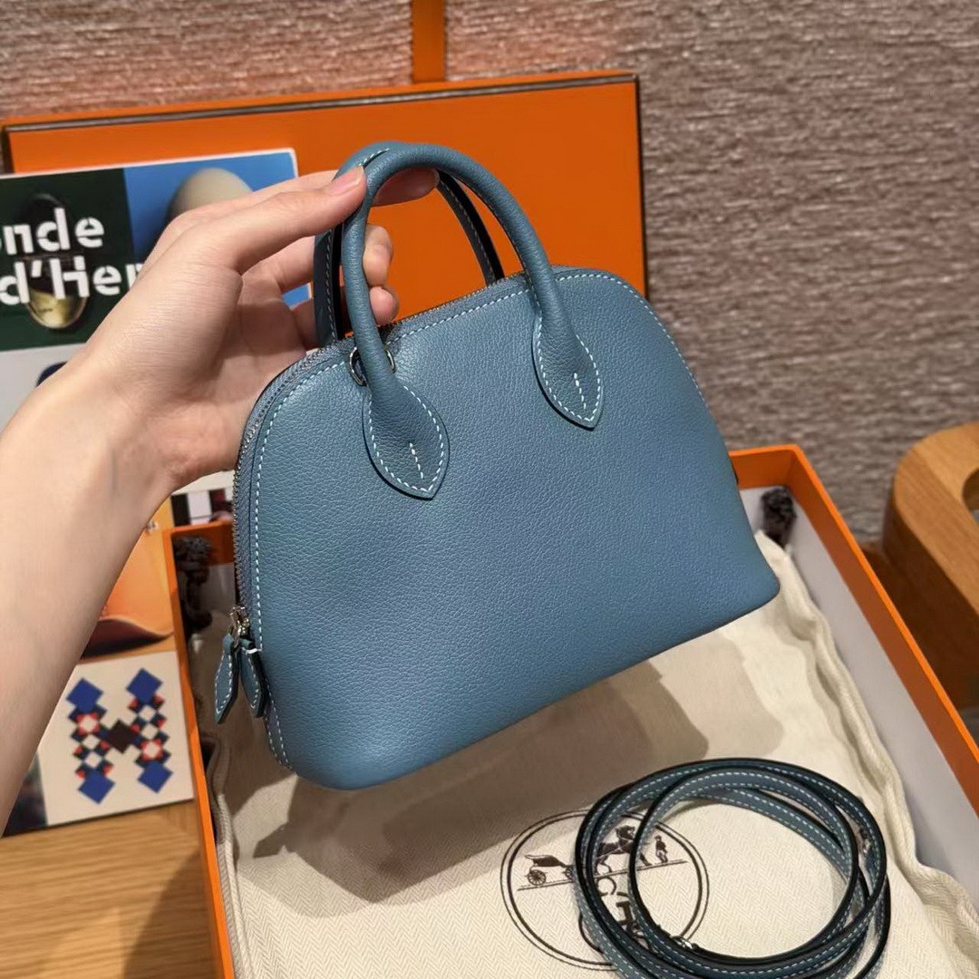 Hermes Bolide Mini 18 Bag Handmade In Evecolor Calfskin Leather Silver Hardware 75 Blue Jean - Image 11
