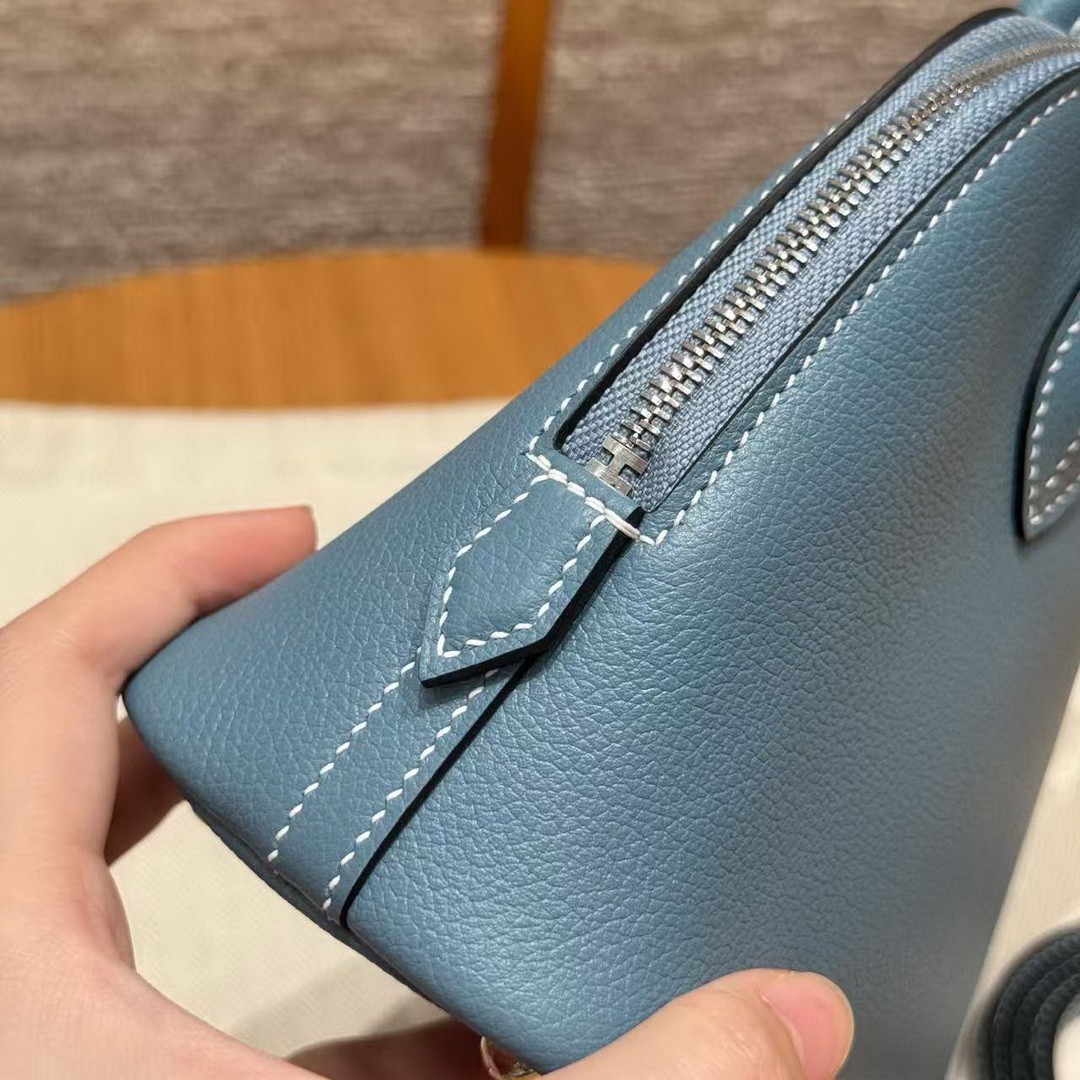 Hermes Bolide Mini 18 Bag Handmade In Evecolor Calfskin Leather Silver Hardware 75 Blue Jean - Image 8