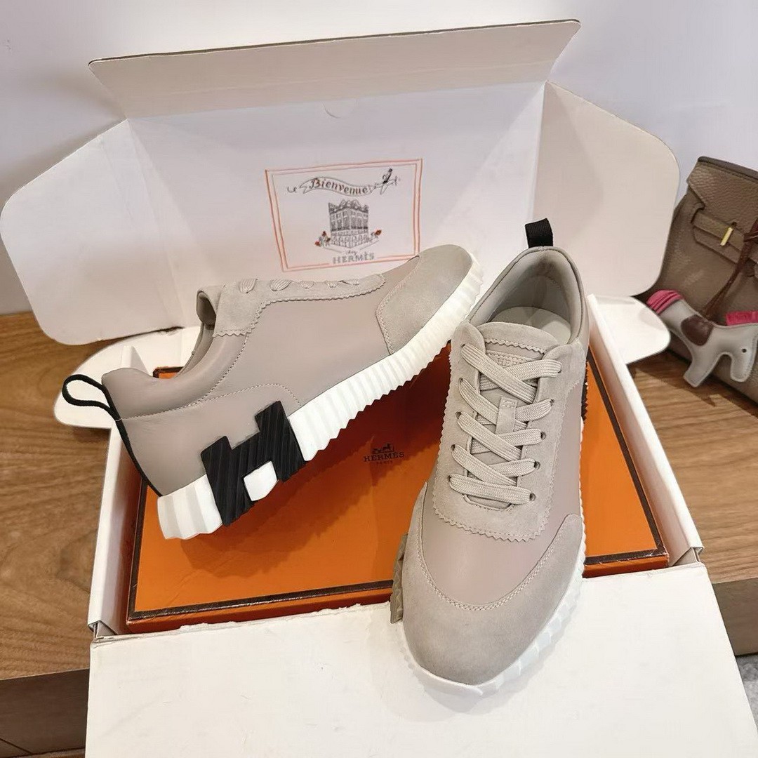 Hermes Bouncing Sneaker Men Calfskin Suede Goatskin Beige Galet H221898ZHBG390 - Image 9