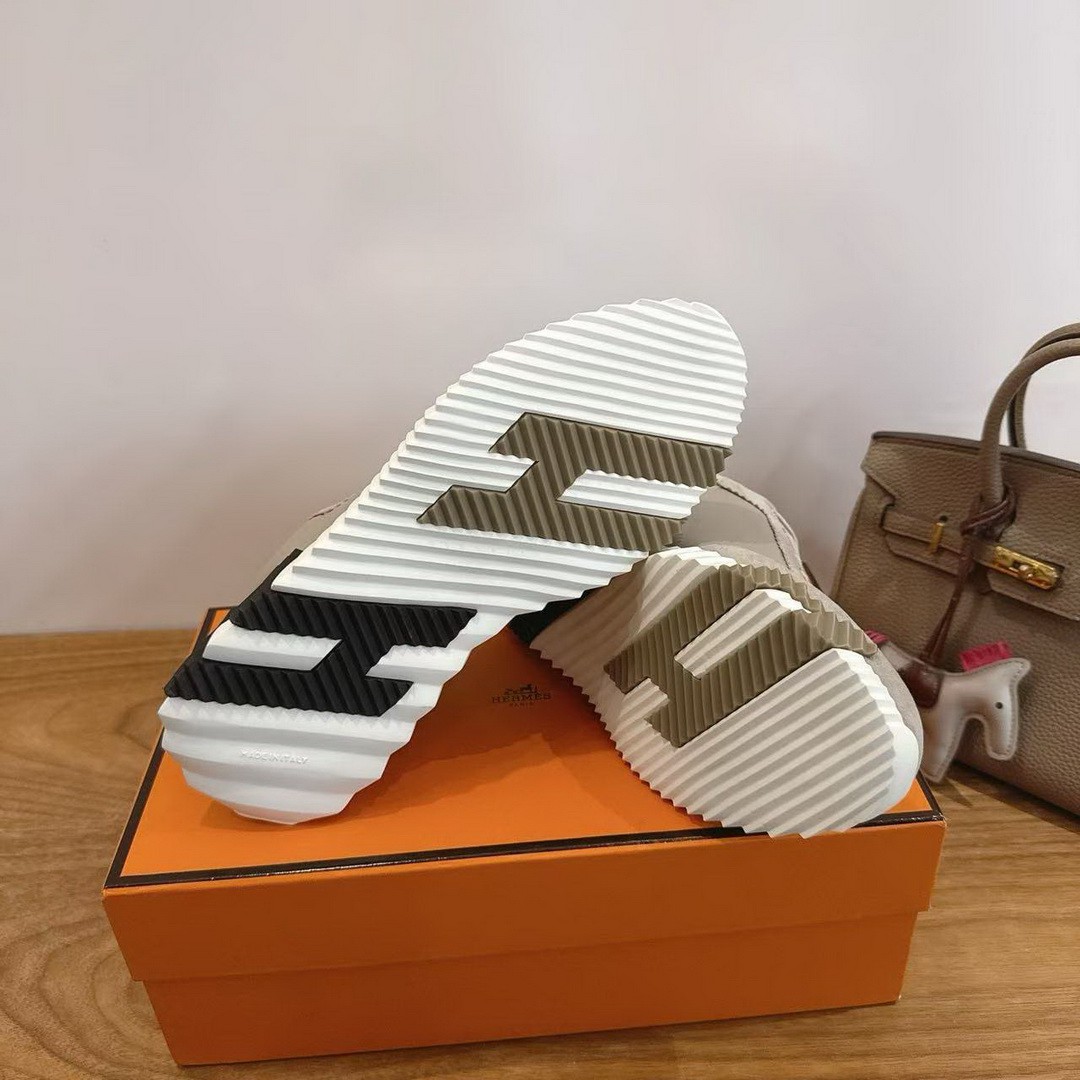 Hermes Bouncing Sneaker Men Calfskin Suede Goatskin Beige Galet H221898ZHBG390 - Image 8