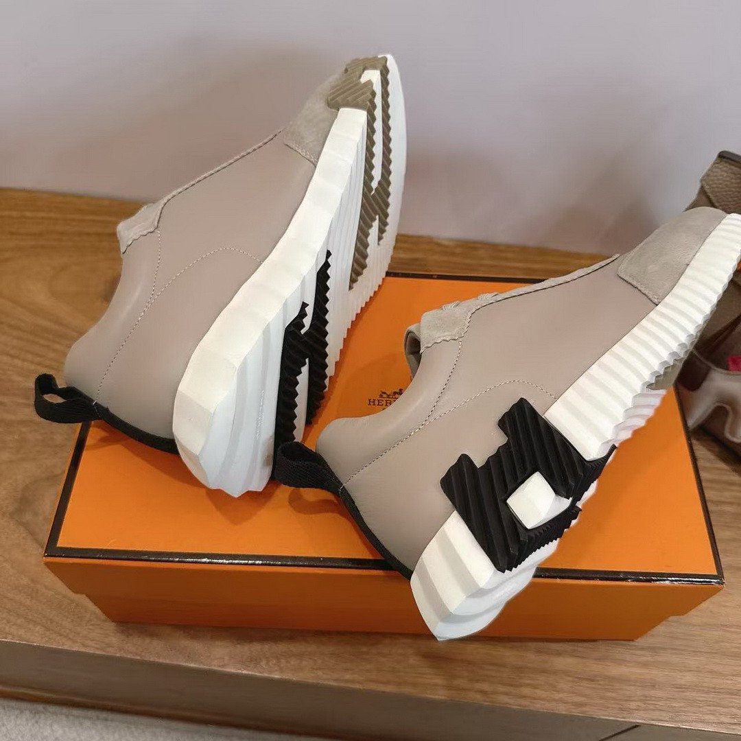 Hermes Bouncing Sneaker Men Calfskin Suede Goatskin Beige Galet H221898ZHBG390 - Image 7