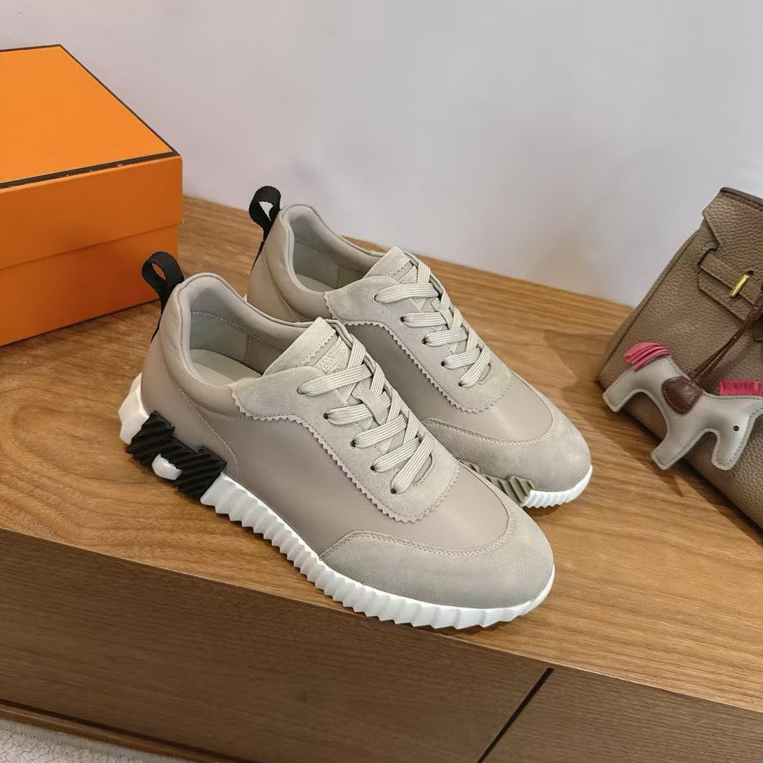 Hermes Bouncing Sneaker Men Calfskin Suede Goatskin Beige Galet H221898ZHBG390 - Image 6