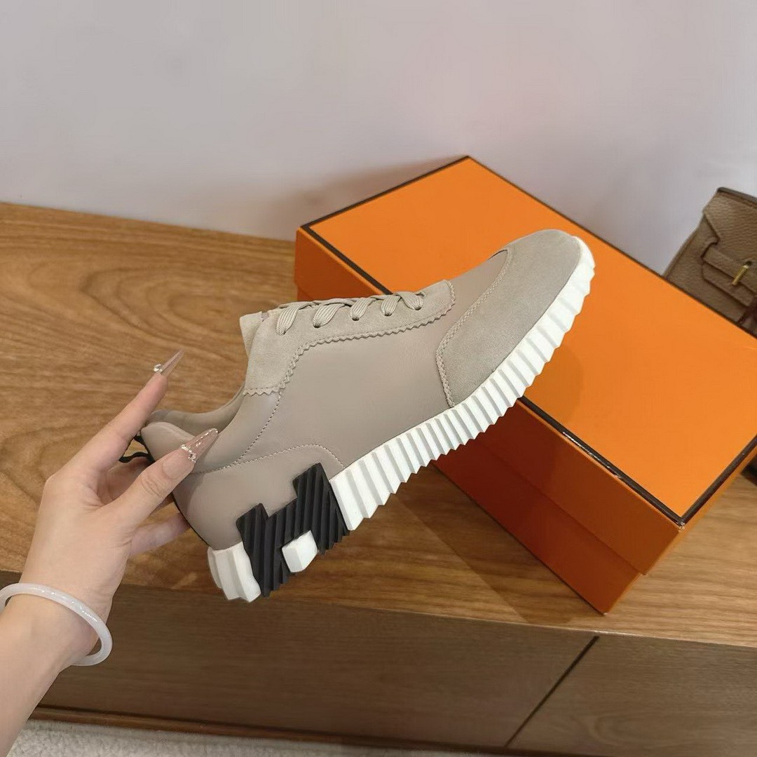 Hermes Bouncing Sneaker Men Calfskin Suede Goatskin Beige Galet H221898ZHBG390 - Image 5