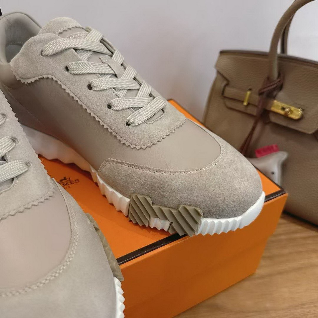 Hermes Bouncing Sneaker Men Calfskin Suede Goatskin Beige Galet H221898ZHBG390 - Image 4