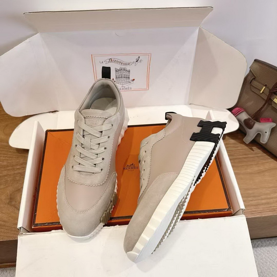 Hermes Bouncing Sneaker Men Calfskin Suede Goatskin Beige Galet H221898ZHBG390 - Image 3