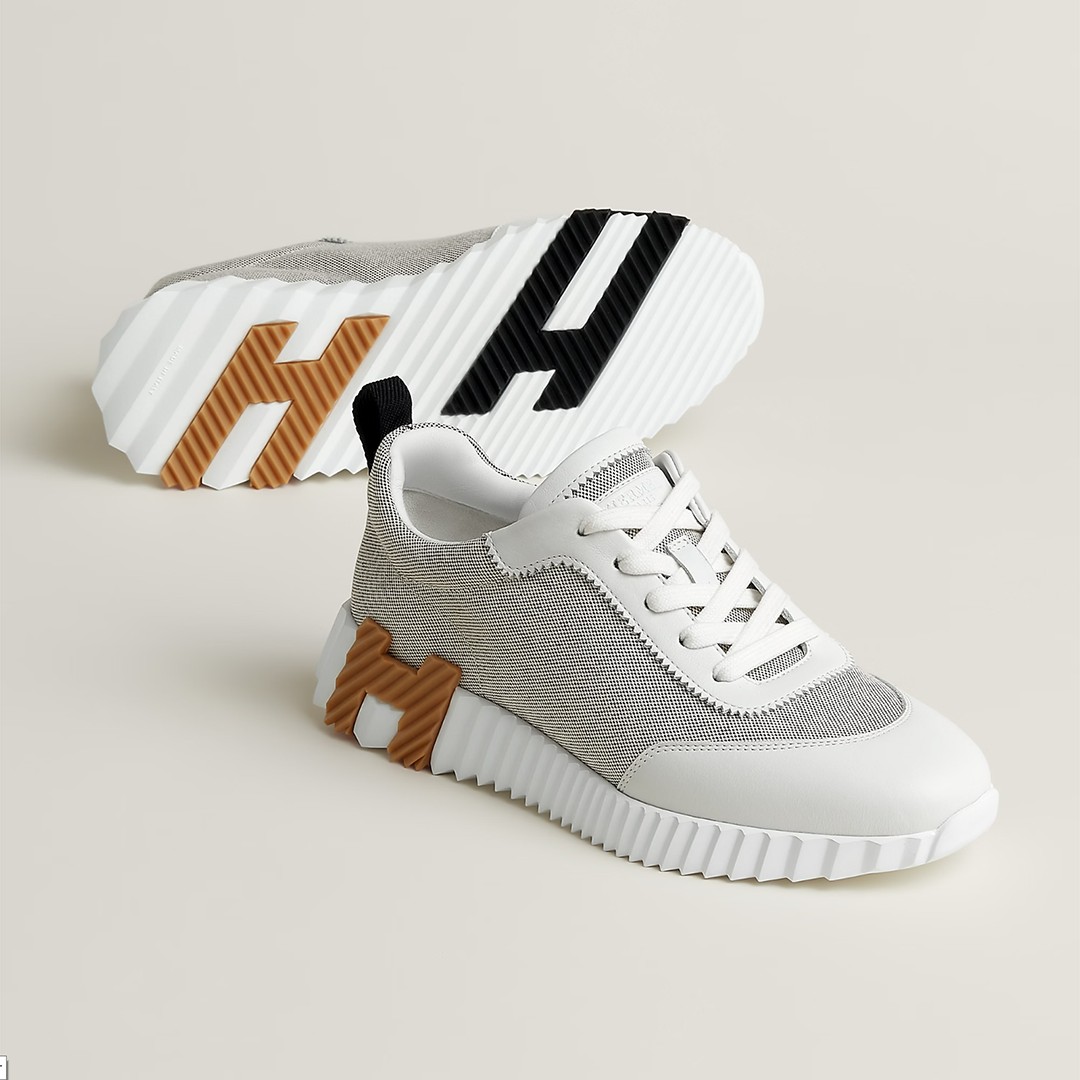 Hermes Bouncing Sneaker Women H canvas and Sport Calfskin Prunoir Blanc H261016Z 90360