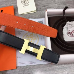 Constance Belt Buckle & Reversible Leather Strap 38 mm Box 135 and Togo Calfskin Brushed Permabrass Buckle Yellow Gold Noir Orange - Image 5