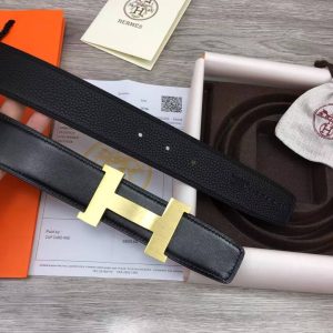 Constance Belt Buckle & Reversible Leather Strap 38 mm Box 135 and Togo Calfskin Brushed Permabrass Buckle Yellow Gold Noir Noir - Image 3