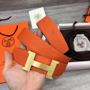Constance Belt Buckle & Reversible Leather Strap 38 mm Box 135 and Togo Calfskin Brushed Permabrass Buckle Yellow Gold Noir Orange - Image 6