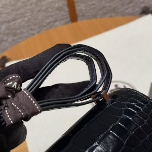 Hermes Constance 19 CM Bag Handmade In Bright Faced Alligator Leather from Mississippi Noir Hardware V0 Vert Rousseau 73 Blue Saphir - Image 7