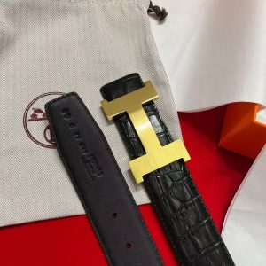 Constance Belt Buckle & Mississippiensis Alligator Leather Strap 38 mm Brushed Permabrass Buckle Yellow Gold Noir - Image 4