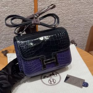 Hermes Constance 19 CM Bag Handmade In Bright Faced Alligator Leather from Mississippi Noir Hardware V0 Vert Rousseau 73 Blue Saphir