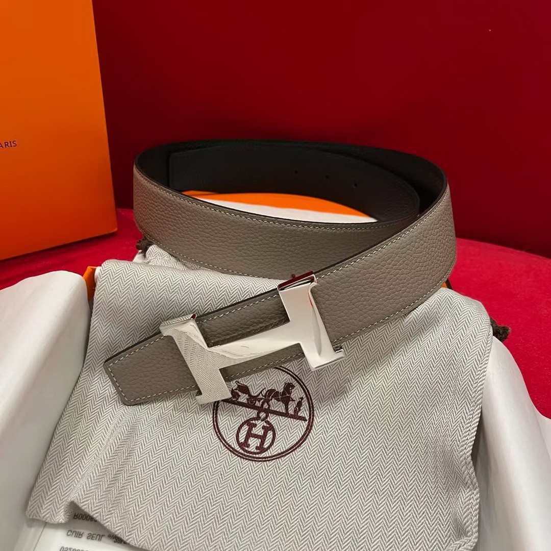Constance Belt Buckle & Reversible Leather Strap 38 mm Box 135 and Togo Calfskin Palladium Buckle Silver Noir Étoupe