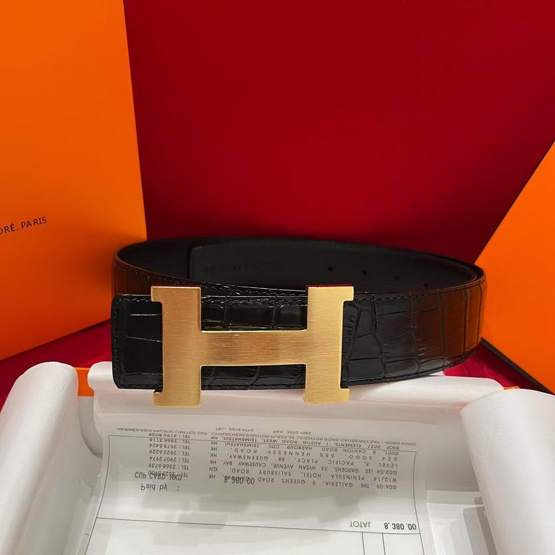 Constance Belt Buckle & Mississippiensis Alligator Leather Strap 38 mm Brushed Permabrass Buckle Yellow Gold Noir - Image 9