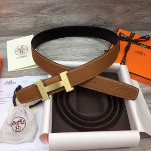 Constance Belt Buckle & Reversible Leather Strap 38 mm Box 135 and Togo Calfskin Brushed Permabrass Buckle Yellow Gold Noir Gold