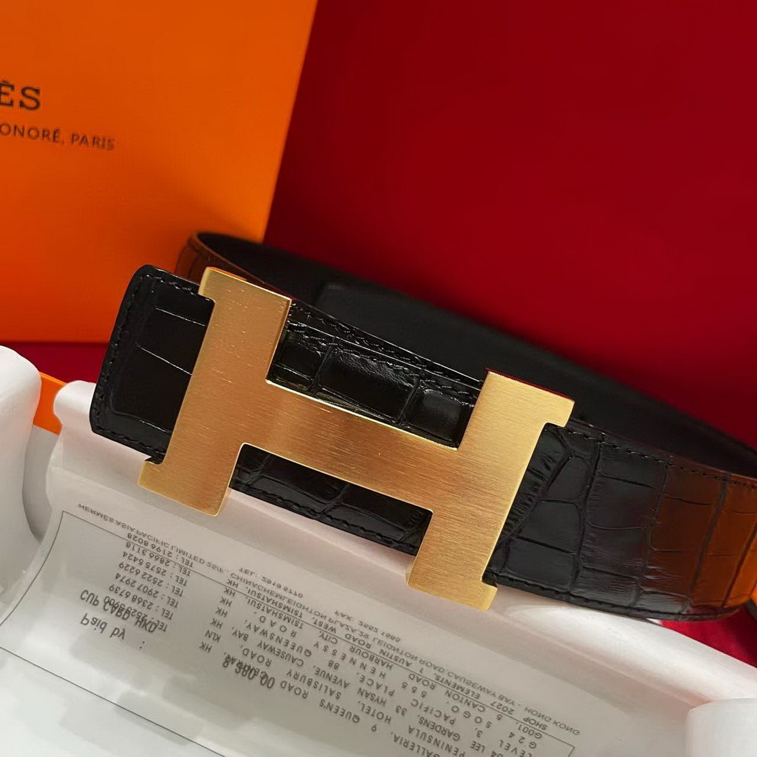 Constance Belt Buckle & Mississippiensis Alligator Leather Strap 38 mm Brushed Permabrass Buckle Yellow Gold Noir - Image 8