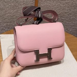 Hermes Constance 18 CM Bag Handmade In Swift Calfskin Leather Silver Hardware 3Q Rose Sakura