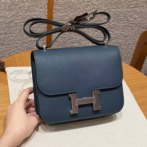 Hermes Constance 18 CM Bag Handmade In Epsom Calfskin Leather Silver Hardware 7P Blue Presse