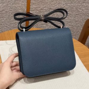 Hermes Constance 18 CM Bag Handmade In Epsom Calfskin Leather Silver Hardware 7P Blue Presse - Image 2