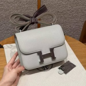Hermes Constance 18 CM Bag Handmade In Chèvre Calfskin Leather Silver Hardware 80 Girs Perle