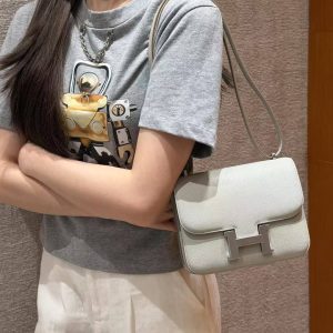 Hermes Constance 18 CM Bag Handmade In Chèvre Calfskin Leather Silver Hardware 80 Girs Perle - Image 4