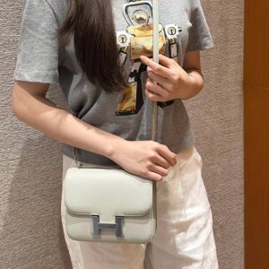 Hermes Constance 18 CM Bag Handmade In Chèvre Calfskin Leather Silver Hardware 80 Girs Perle - Image 3
