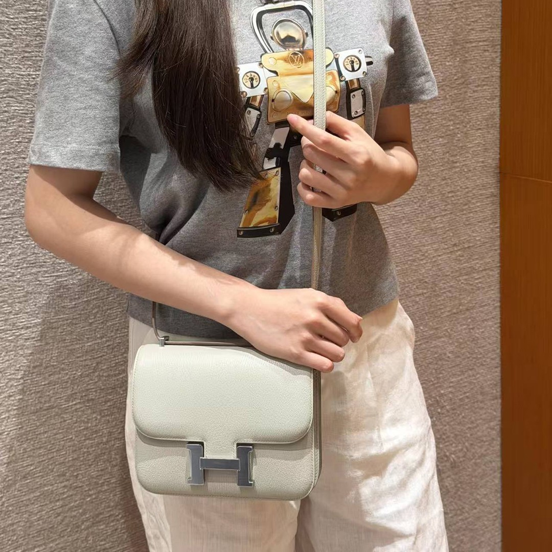 Hermes Constance 18 CM Bag Handmade In Chèvre Calfskin Leather Silver Hardware 80 Girs Perle - Image 3