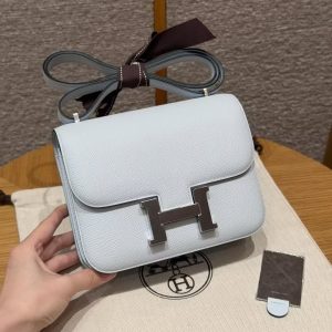 Hermes Constance 18 CM Bag Handmade In Epsom Calfskin Leather Silver Hardware T0 Blue Brume